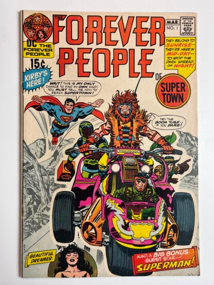 Forever People #1 (1971) 1st full app. Darkseid, 1st team app. The Forever People, Debut of the Mother Box, 1st app. Infinity-Man