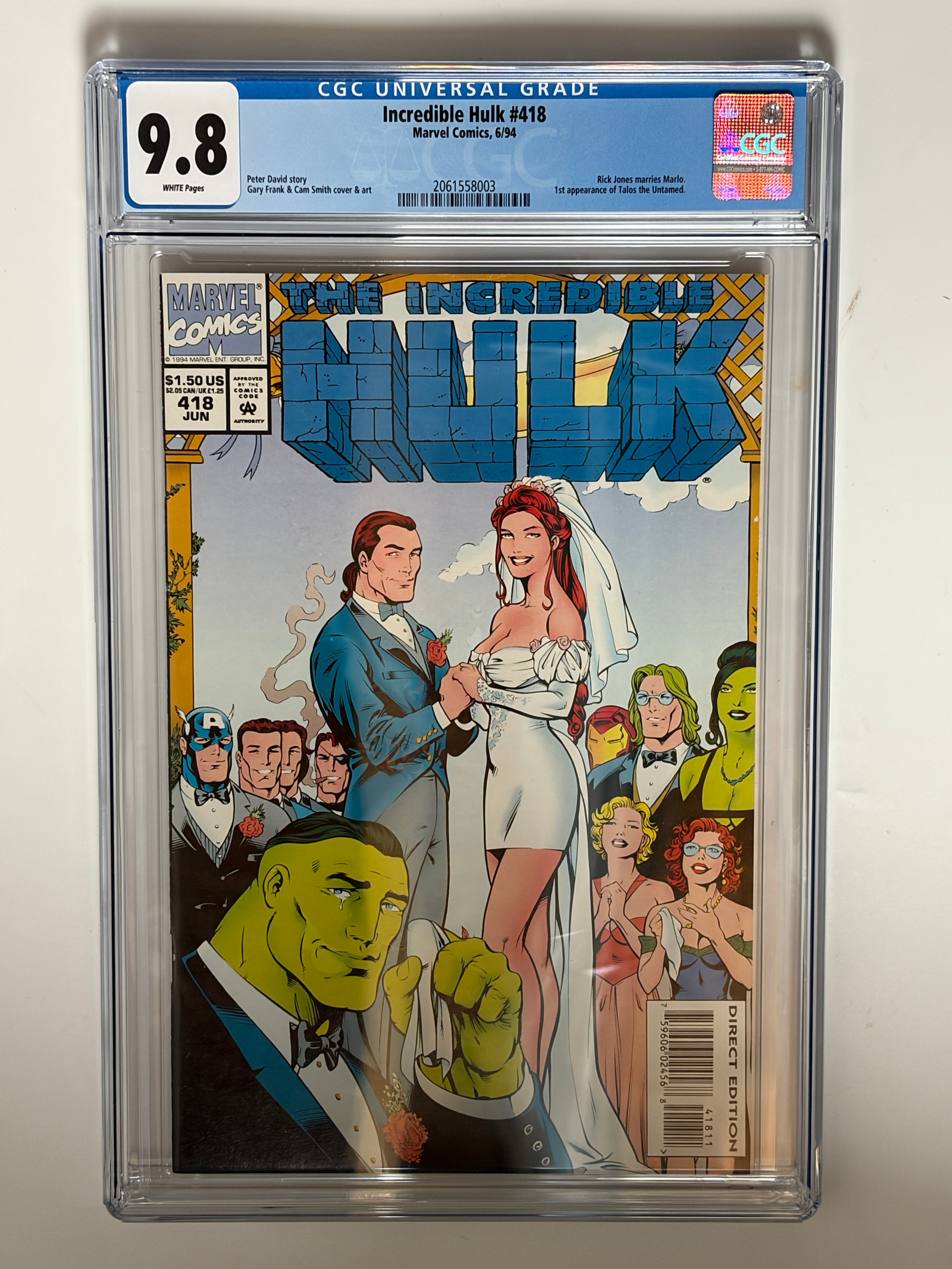 Incredible Hulk #418 (1994) 1st app. Talos the Untamed, Rick Jones marries Marlo in CGC 9.8 Near Mint/Mint