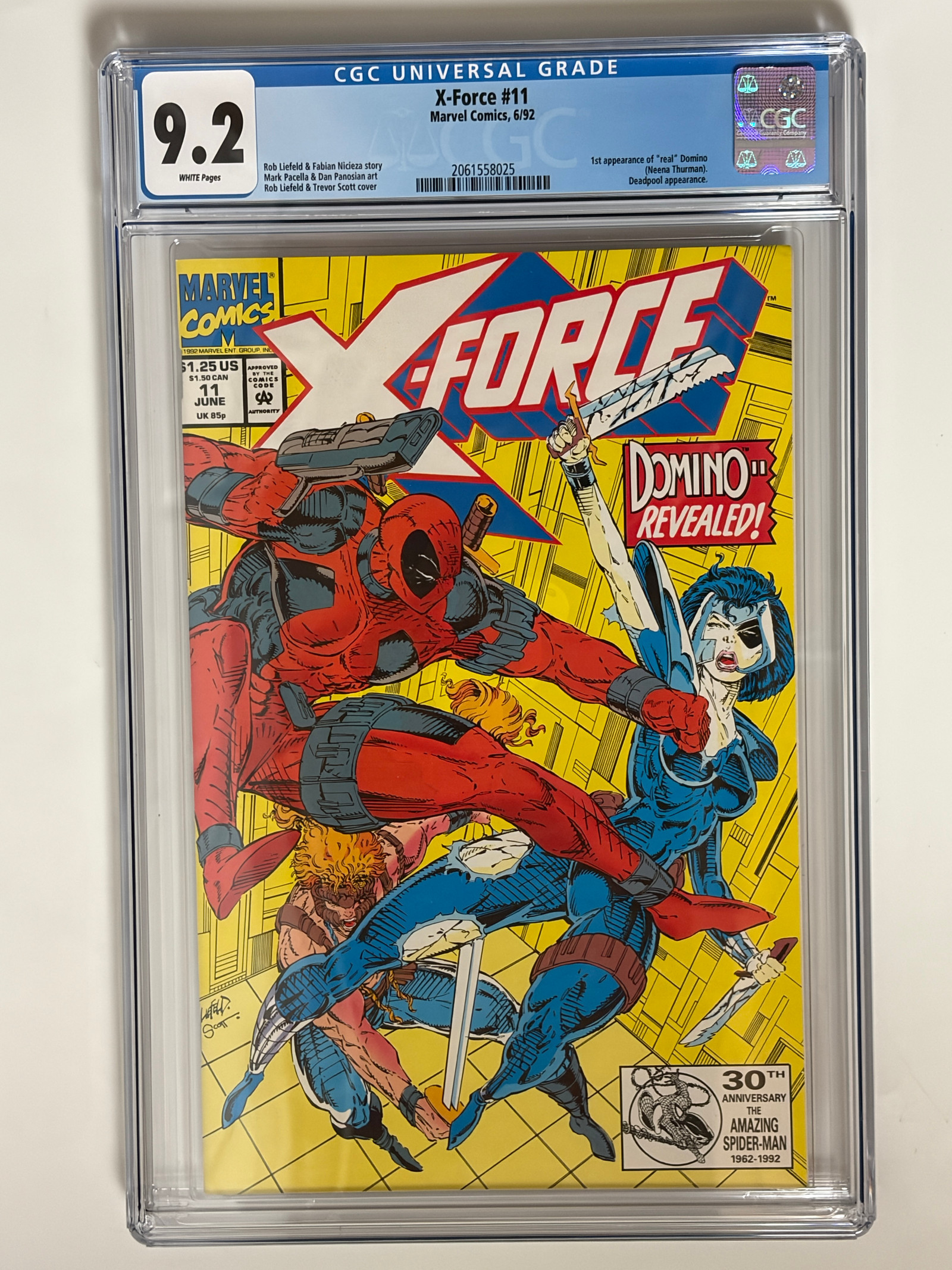 X-Force #11 (1992) Battle of Deadpool vs. Domino (Copycat), Domino (Copycat) first name revealed to be Vanessa in CGC 9.2 Near Mint-